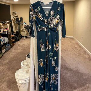 Peach Love California Teal Floral Maxi Dress 3/4 Sleeve XS
